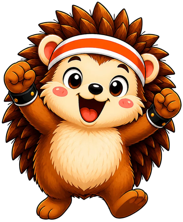 Pal the Hedgepal hedgehog mascot cheering with both arms raised