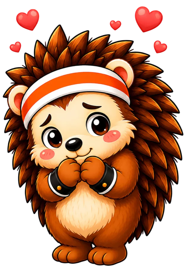 Pal the Hedgepal hedgehog mascot surrounded by floating hearts