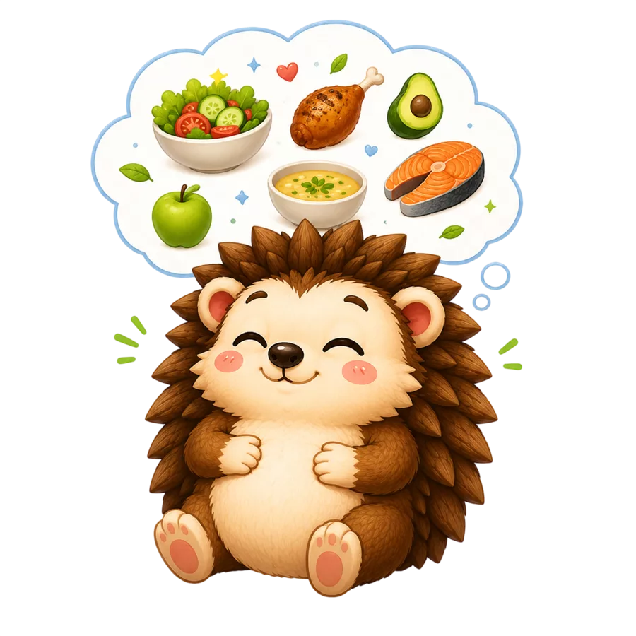 Pal the Hedgepal hedgehog mascot day-dreaming about healthy foods like salad, salmon and avocado