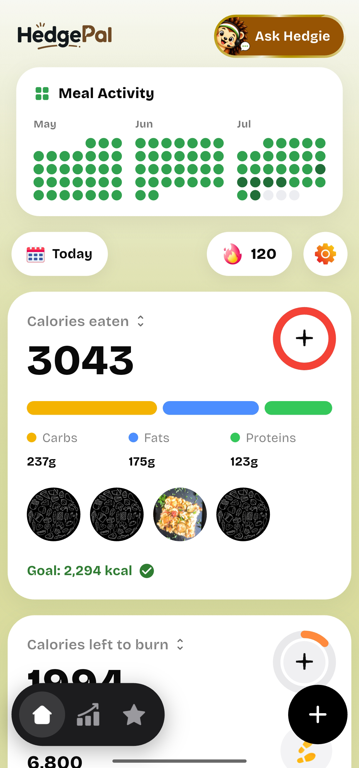Hedgepal app nutrition tracking screen showing calories and macros